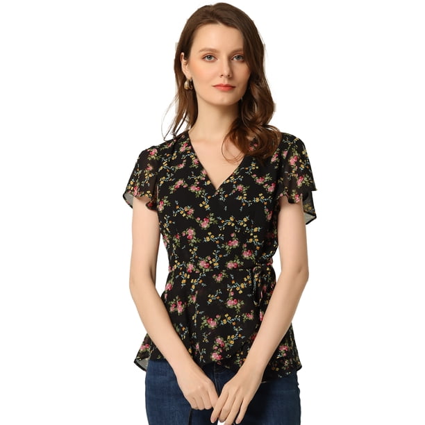 Blusa envolvente para mujer con estampado floral Allegra K Negro L