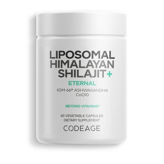Codeage Liposomal Himalayan Shilajit  Supplement - 500 mg Shilajit, KSM-66 Ashwagandha, CoQ10, Fulvic Ionic Minerals, Calcium, Magnesium, BioPerine - Liposomal Delivery - Non-GMO - 60 Capsules