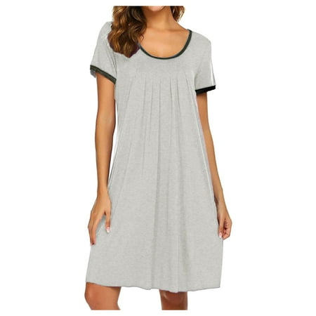

Womens Solid Pleated Round Neck Patchwork Nightdress Dress