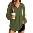 thumbnail image 3 of Sheghy Hoodies for Women Ladies Daily and Winter Long Sleeved V-neck Drawstring Knitted Loose Fitting Hooded Sweatshirt Hanging Sweatshirt Top Army Green S, 3 of 8