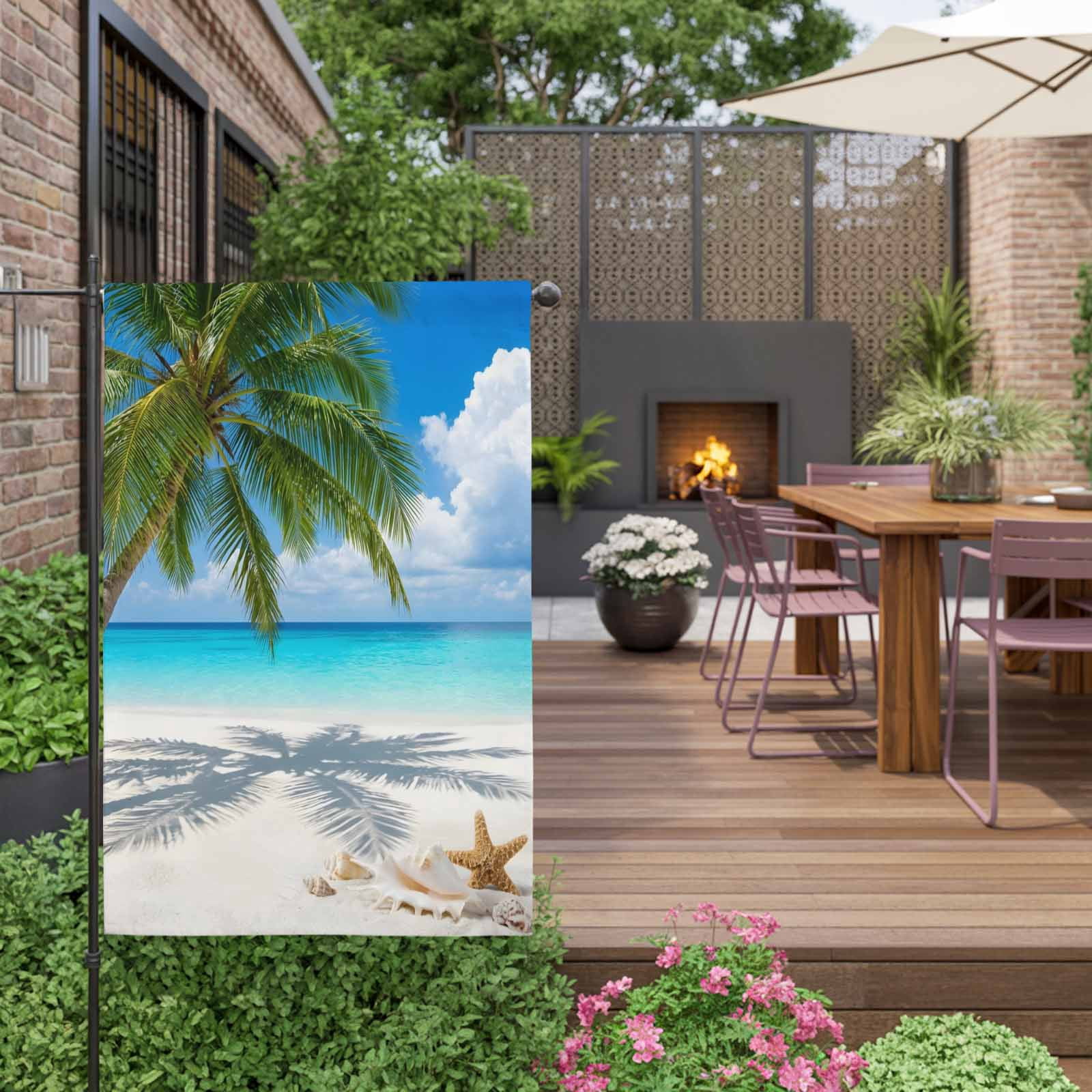 Coastal Beach House Flag 28 x 40 Inches, Starfish Palm Tree Sky Tropical Weather Proof Outdoor Patio Flags Double Sided Small House Decoration for Yard Lawn Outside Home