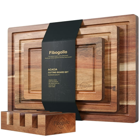 Fibogollo Acacia Wood Cutting Boards for Kitchen(Set of 3),Wooden Chopping Boards Set with Juice Groove,Chopping Board with Holder,Butcher Block for Meat,Vegetables,Fruit