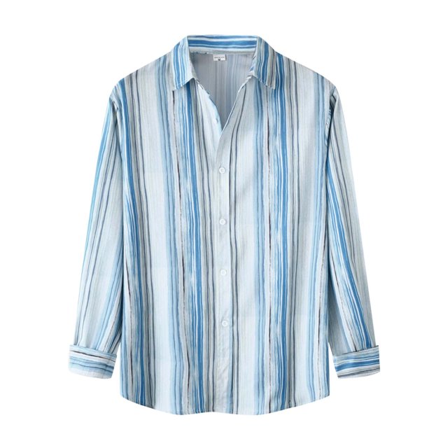 Camisas Y Playeras Camisa informal con estampado de rayas de empalme de otoño para hombre Camisa de manga larga con cuello vuelto Blusa (Light Blue, M)