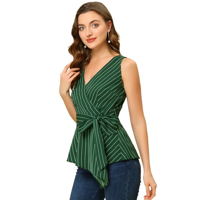 Unique Bargains Hauts d'Été pour Femmes Sans Manches Col en V avec Ceinture