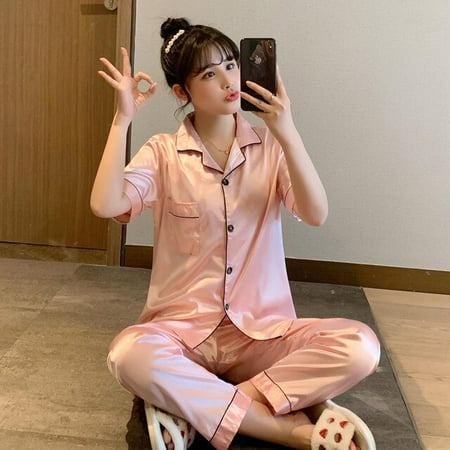 

QWZNDZGR Solid Color Sleepwear Couple Silk Satin Pajama Sets Short sleeve Pyjamas Home Clothes Pijama Women Men Loungewear Plus Size Pjs