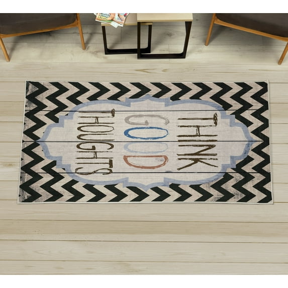 Saying Decorative Rug, Think Thoughts Message with Rainbow Colored Letters on Chevron Zigzag Lines, Quality Carpet for Bedroom Dorm and Living Room, 6 Sizes, Dark Forest, by Ambesonne