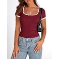 thumbnail image 6 of PRETTYGARDEN Women's Summer Short Sleeve T Shirts Ribbed Knit Square Neck Color Block Slim Fit Basic Casual Crop Tops Blouses, 6 of 8