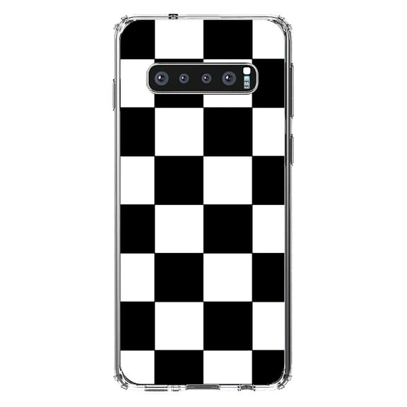 DistinctInk Clear Shockproof Hybrid Case for Samsung Galaxy S10 (6.1" Screen) - TPU Bumper, Acrylic Back, Tempered Glass Screen Protector - Black White Checkered Flag Geometric - Checkered Pattern