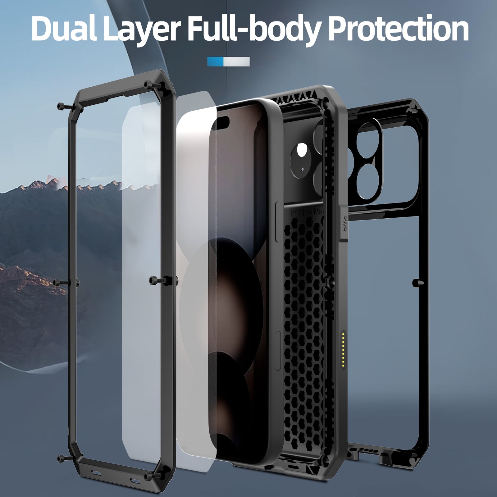 Dteck for iPhone 17 Pro Max (2025) Case, Heavy Duty Metal Full Body Protective Cover Shockproof Aluminum Alloy Cover with Silicone Built-in Screen Protector, Black