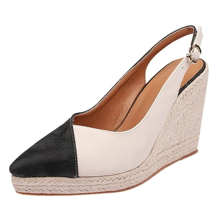 

Winter Sandals for Women Slope Heeled Thick Sole Pointed Single Shoes Half Lug Color Blocked Back Hollow Straw Woven Rope Sole