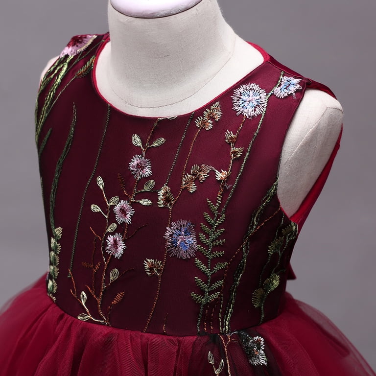 Preferred Fragrance Girls Burgundy Gown Dress with Flower without Sleeves For Wedding, Pageant, Graduation, Birthday, Prom, Thanksgiving and New Year