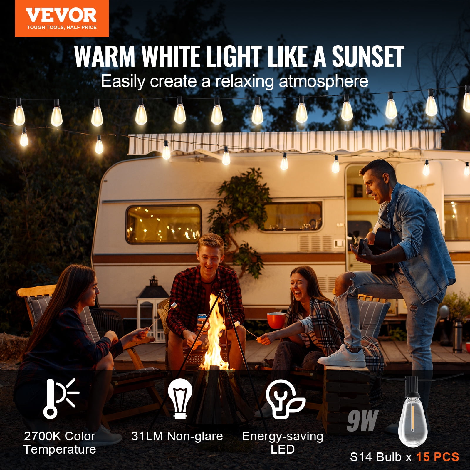 VEVOR LED Outdoor String Lights, 50FT, 2700K Dimmable Outside Patio Lights with 15 S14 Shatterproof Bulbs E12 Socket Base, Waterproof Hanging Lights for Porch Backyard Balcony Deck Party Decor