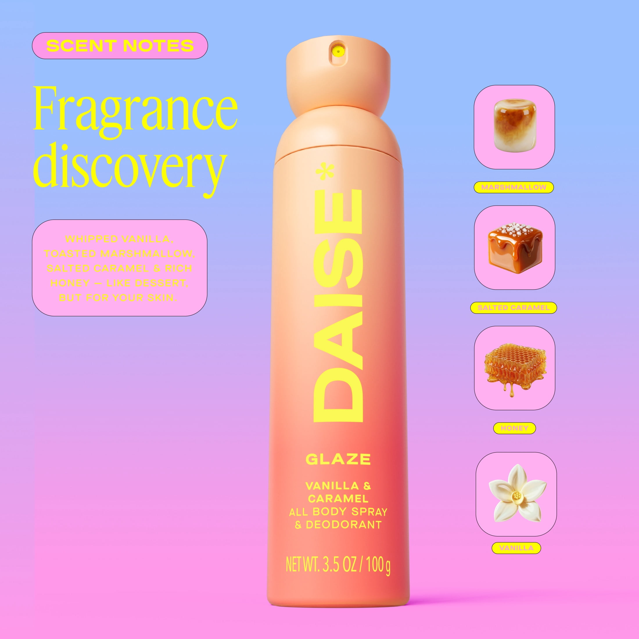 DAISE All Body Spray & Deodorant in Glaze, Vanilla & Caramel for 24hr Freshness, 3.5 oz / 100 g