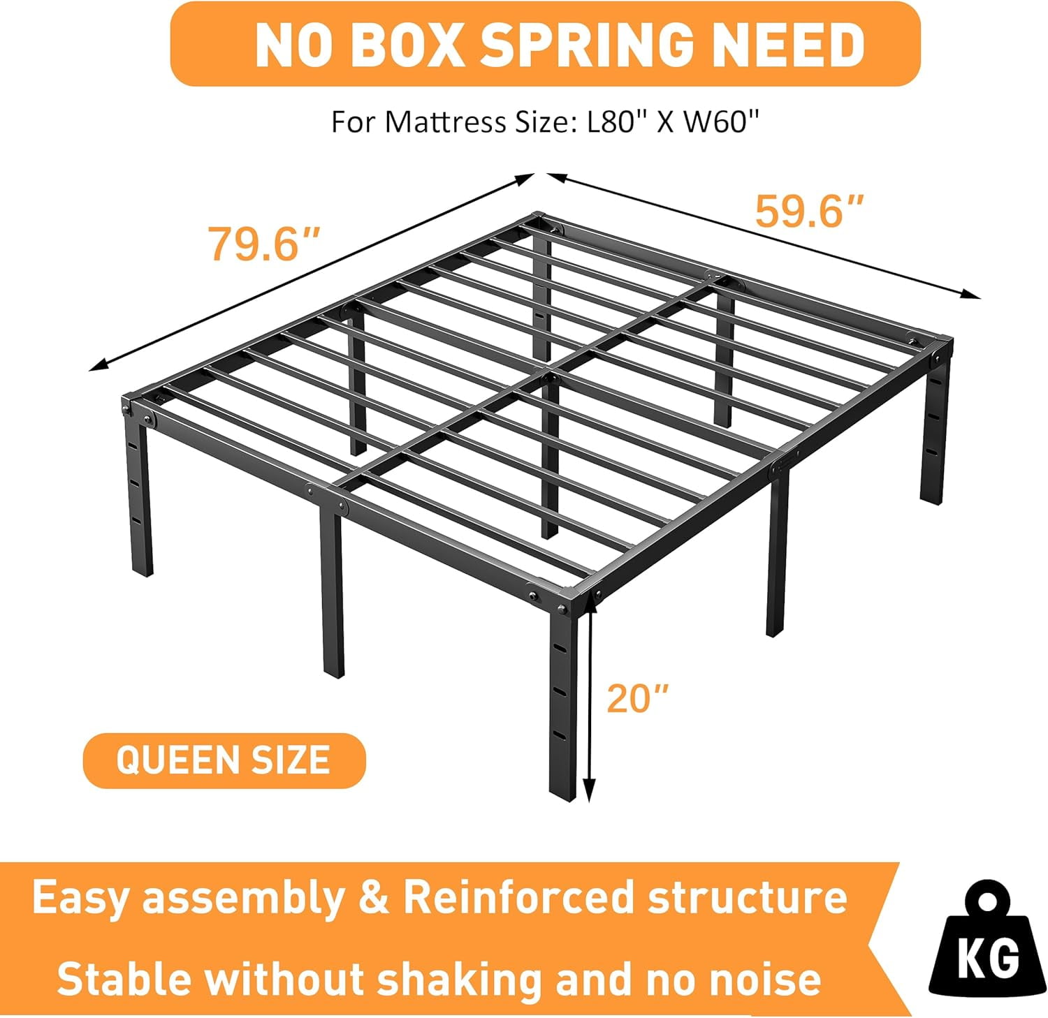 20 Inch Tall Bed Frame Queen Size with LED Night Light, Metal Platform Bed Frame Queen Storage Space Under The Bed, No Box Spring Needed, Easy Assembly, Heavy Duty, Noise-Free, Black