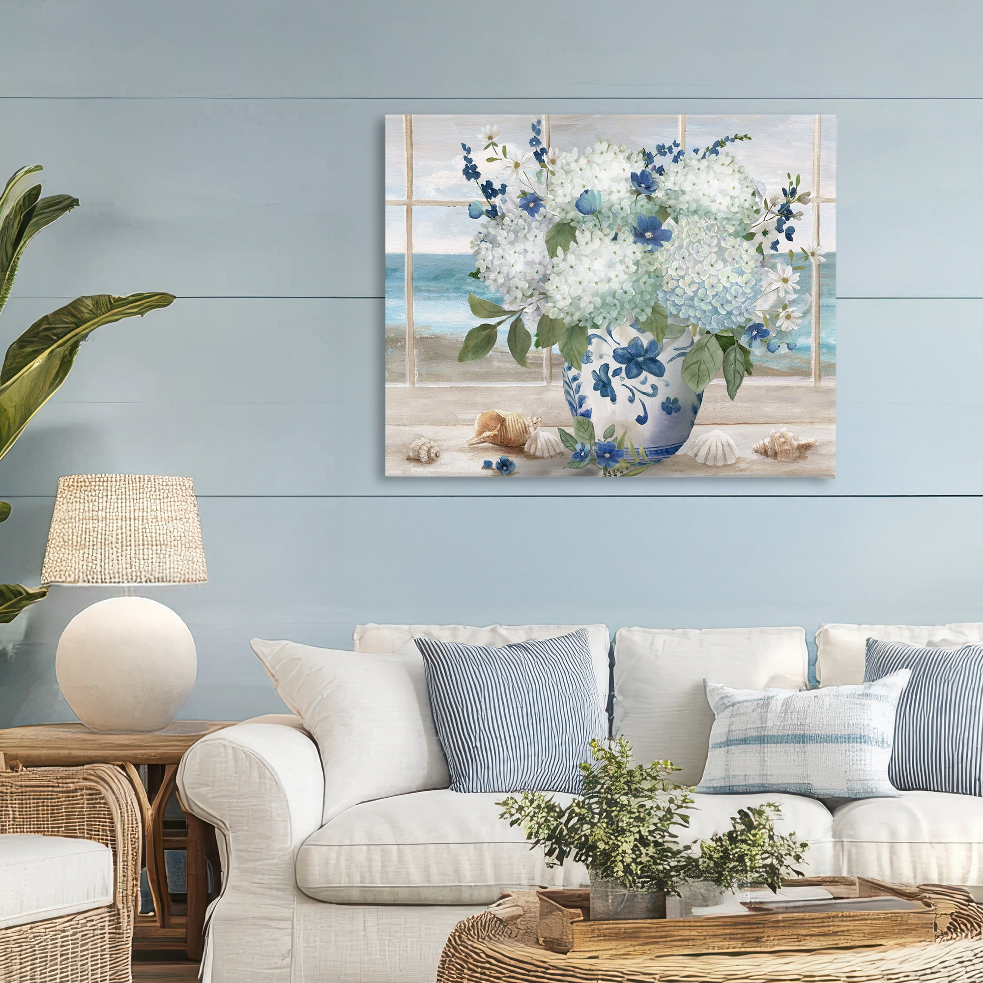 Stupell Industries Seaside Hydrangea Bouquet in Window Canvas Wall Art, design by Nan