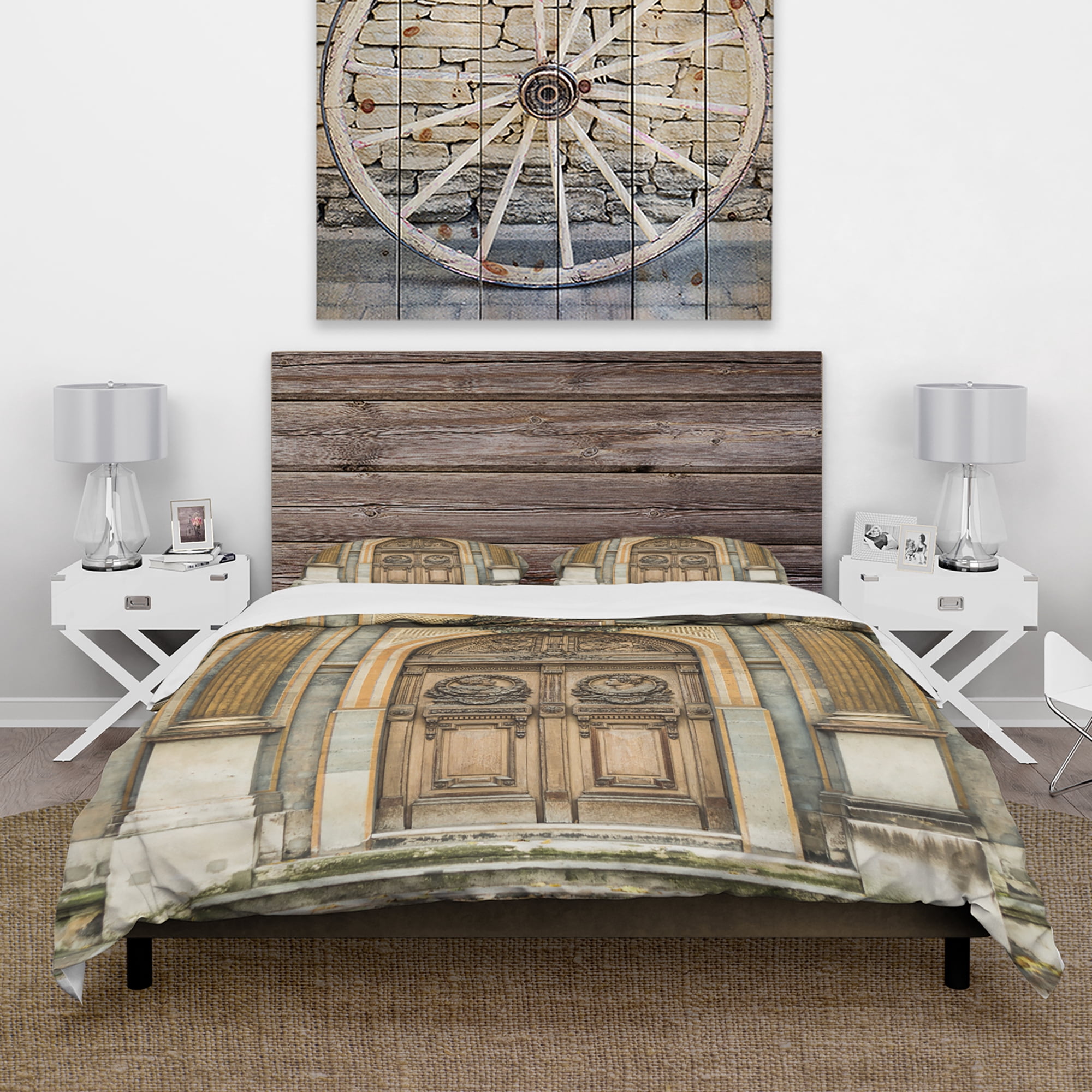 Designart 'Old Wooden Door With Carvings in Paris, France' Vintage Duvet Cover Set