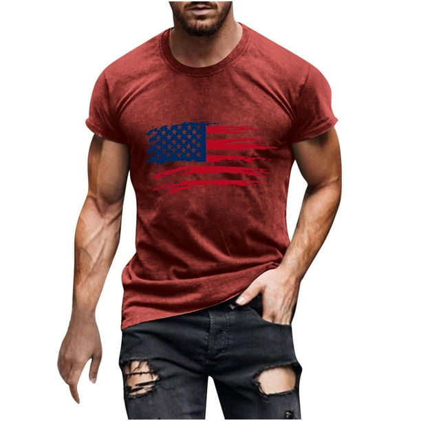 Mens Casual Manga Corta Botón Abajo Camisetas Estados Unidos Bandera Impresión Cuello Redondo Suéter Camiseta, Poliéster Casual Uso Diario para Hombres