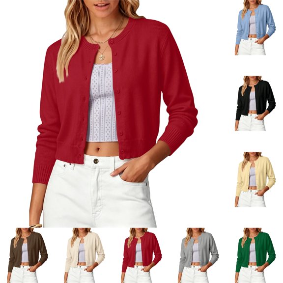 OIOLOYJM Cardigan Sweaters for Women Cropped Crew Neck Button Down Open Front Knit Long Sleeve Blouse Lightweight Slim Fit Stylish Comfortable Sweater Red M