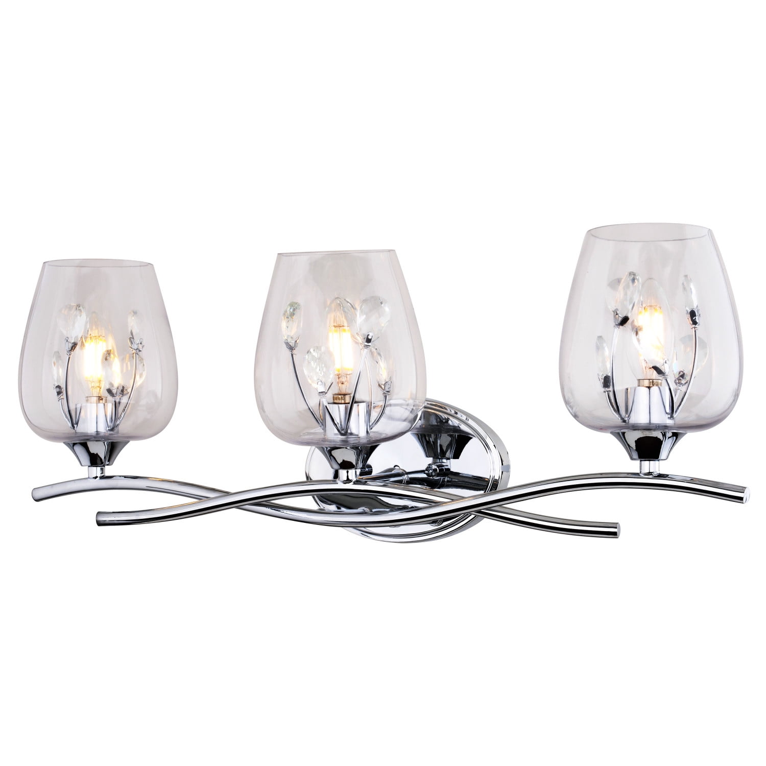 Wilmette 3-Light 24 in. Wide Chrome Modern Glam Bathroom Vanity Lighting Fixture, Clear Goblet Glass Shade with Crystal Accents, Dimmable, LED Compatible, Over the Mirror Mounted Metal Wall Sconce