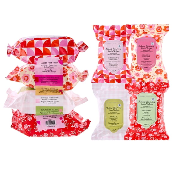120pc Makeup Removal Wipes Variety Set | 4-Pack Active Botanicals Makeup Remover Facial Cleansing Towelettes with Hyaluronic Acid, Collagen, Retinol, & Rose Water