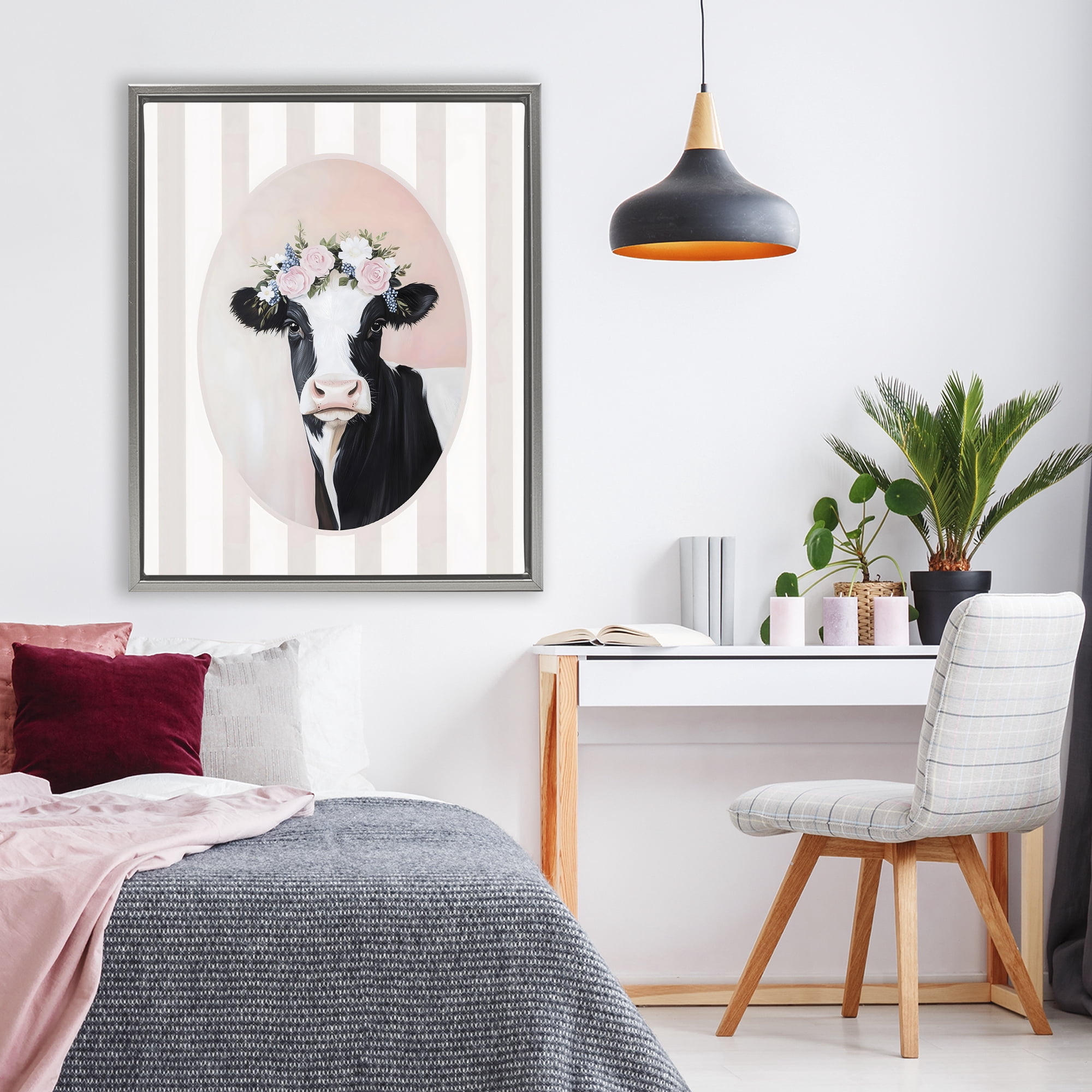 Stupell Industries Soft Cow with Floral Crown Gray Framed Floater Canvas Wall Art, design by Arlington Prints