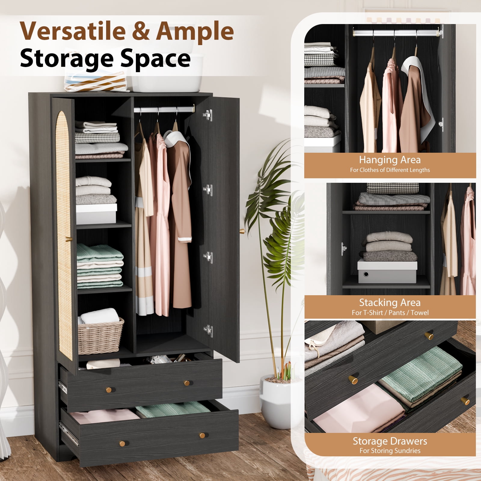 Ktaxon Fluted Wardrobe Closet Armoire with Hanging Rod, Modern