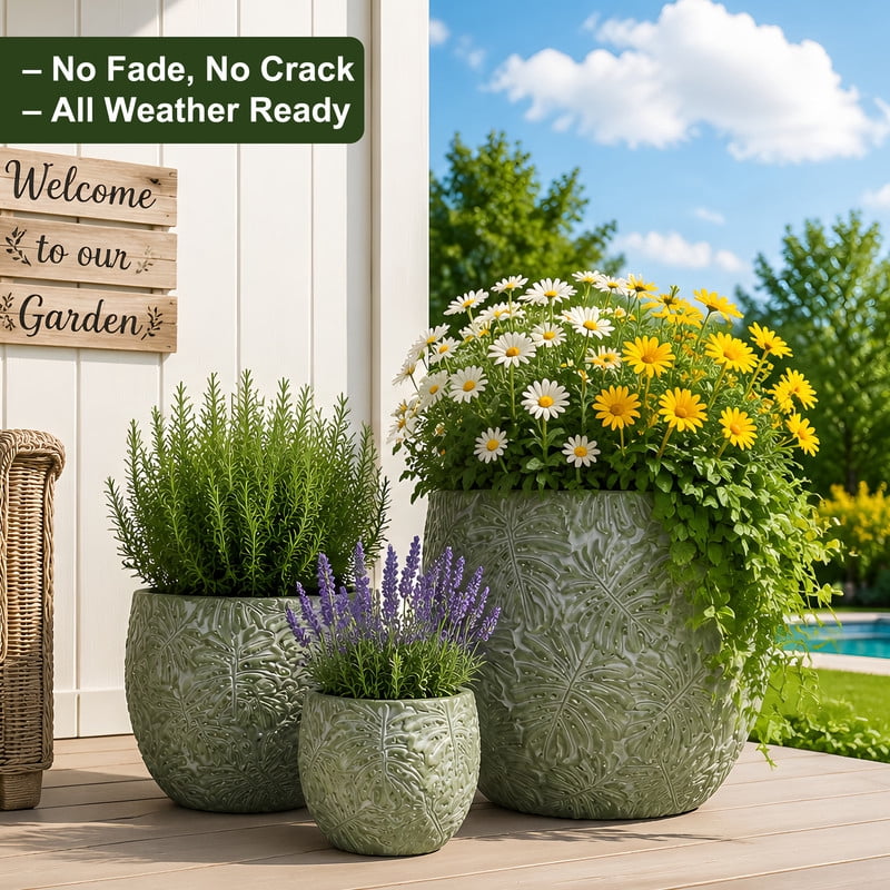 3-Piece Large Concrete Planter Set for Indoor & Outdoor Use - Round Garden Pots (18, 13, 9 Inch Dia) with Drainage Hole & Plug (SH002)