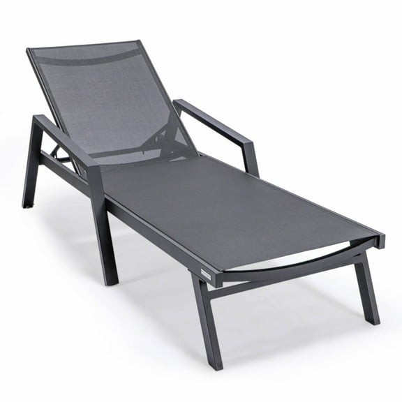 LeisureMod Marlin Patio Chaise Lounge Chair With Arms Aluminum Frame Black