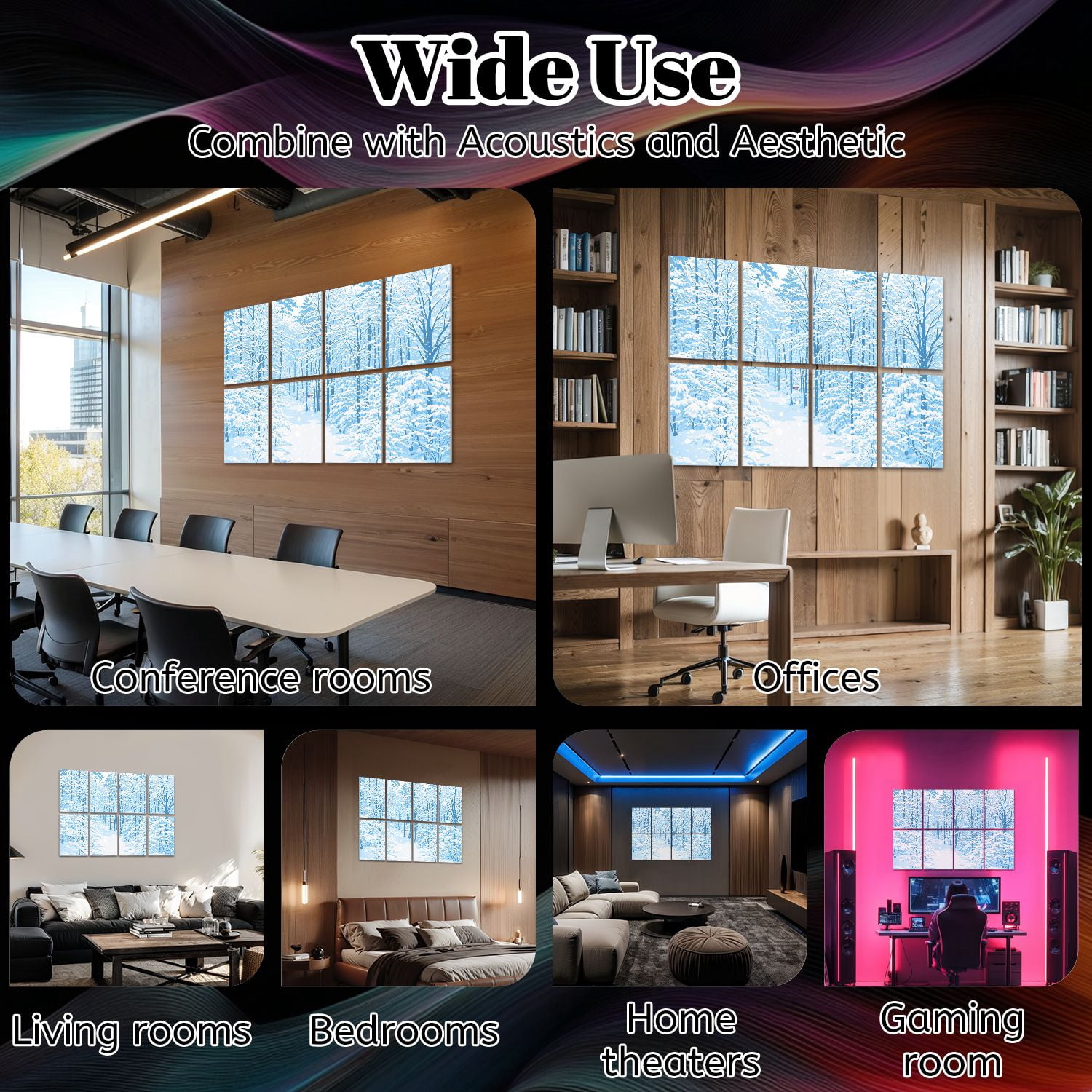 8 Pack Art Acoustic Panels Sound Absorbing pine forest heavily covered snow Decorative Soundproof Wall Panels Self Adhesive for Nursery Game Room Bedroom 48"x32"