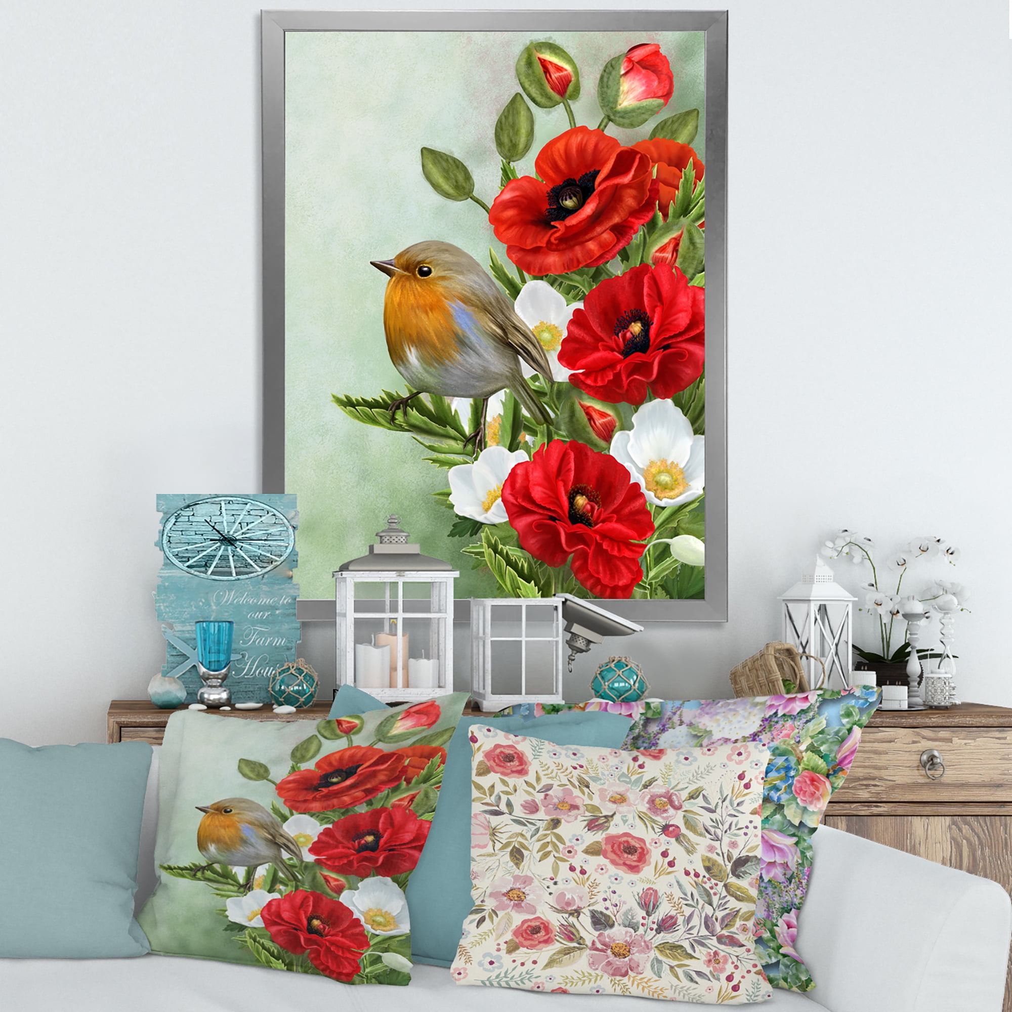 Designart 'Red Poppies and White Anemones With Yellow Bird' Traditional Framed Art Print