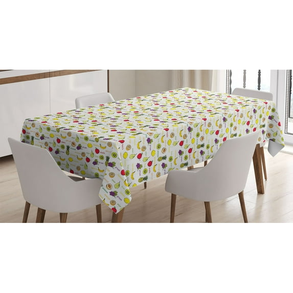 Fruits Tablecloth, Kiwi Banana Plums Lemon Orange Pear Grape Apricot Kitchen Food Print, Rectangle Satin Table Cover Accent for Dining Room and Kitchen, 60" X 90", Purple Yellow Ruby, by Ambesonne