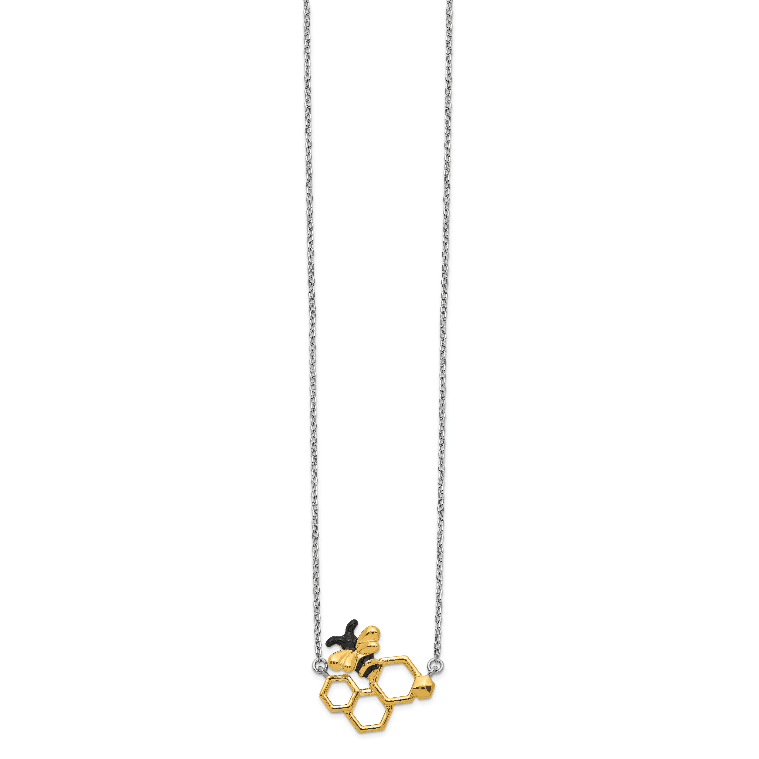 Sterling Silver Rhodium-plated & Gold-tone and Black Enameled Bee & 2 in Extender Pendant Necklace