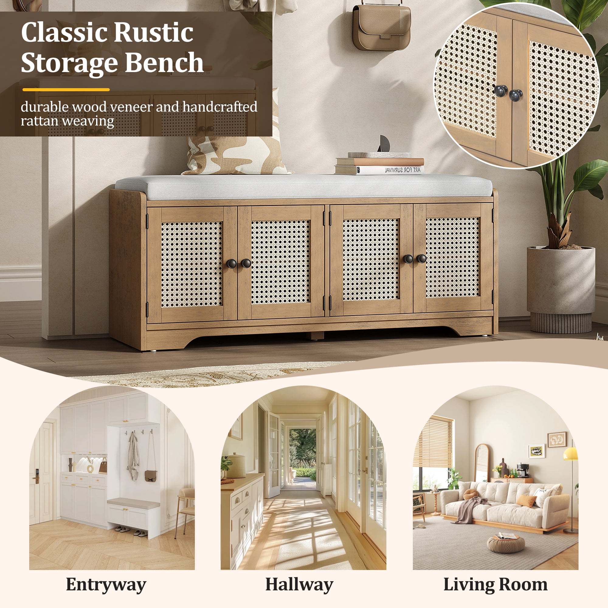 Euroco Rustic Storage Bench Multifunctional Wood Entryway Shoe Bench with Removable Cushion, Woven Rattan Doors & Adjustable Shelves for Hallway, Living Room (Brown+Beige )