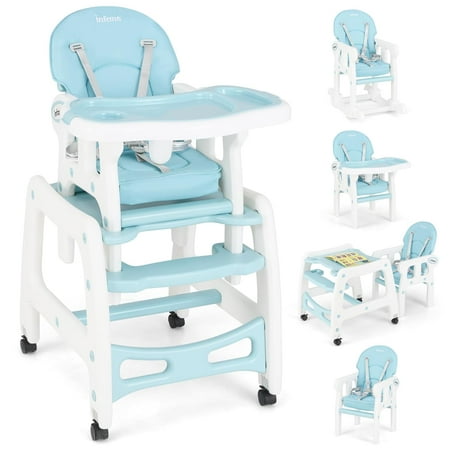 INFANS 5 in 1 Baby High Chair, Convertible Toddler Table Chair Set, Rocking Chair, Multi-Function Seat with Lockable Universal Wheels, Adjustable Seat Back, Removable Trays (Blue)