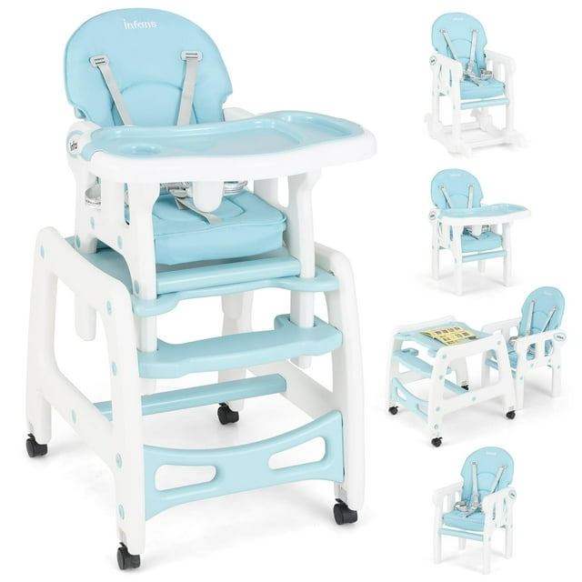 OLAKIDS 5 in 1 Baby High Chair, Convertible Toddler Table Chair Set, Rocking Chair, Multi-Function Seat with Lockable Universal Wheels, Adjustable Seat Back, Removable Trays