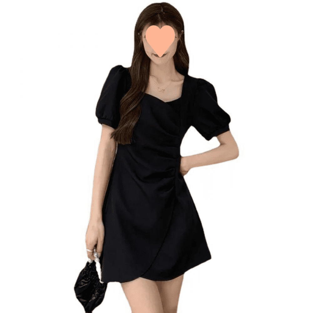 Dresses For Women Women Fashion Summer Casual Sexy Solid Color Square Neck Chiffon Dress Short Sleeve Dress Black L