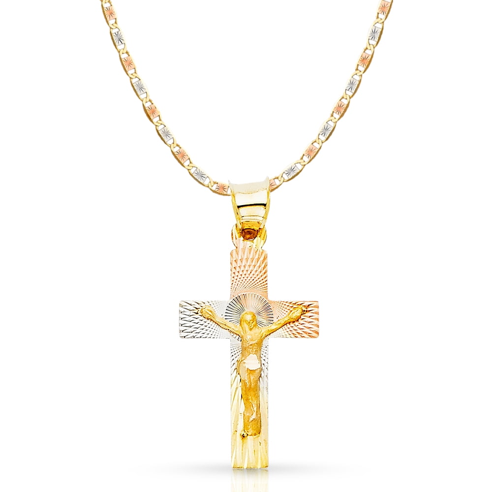 14K Tri Color Gold Diamond Cut Crucifix Jesus Cross Stamp Charm Pendant with 2.1mm Valentino Chain Necklace