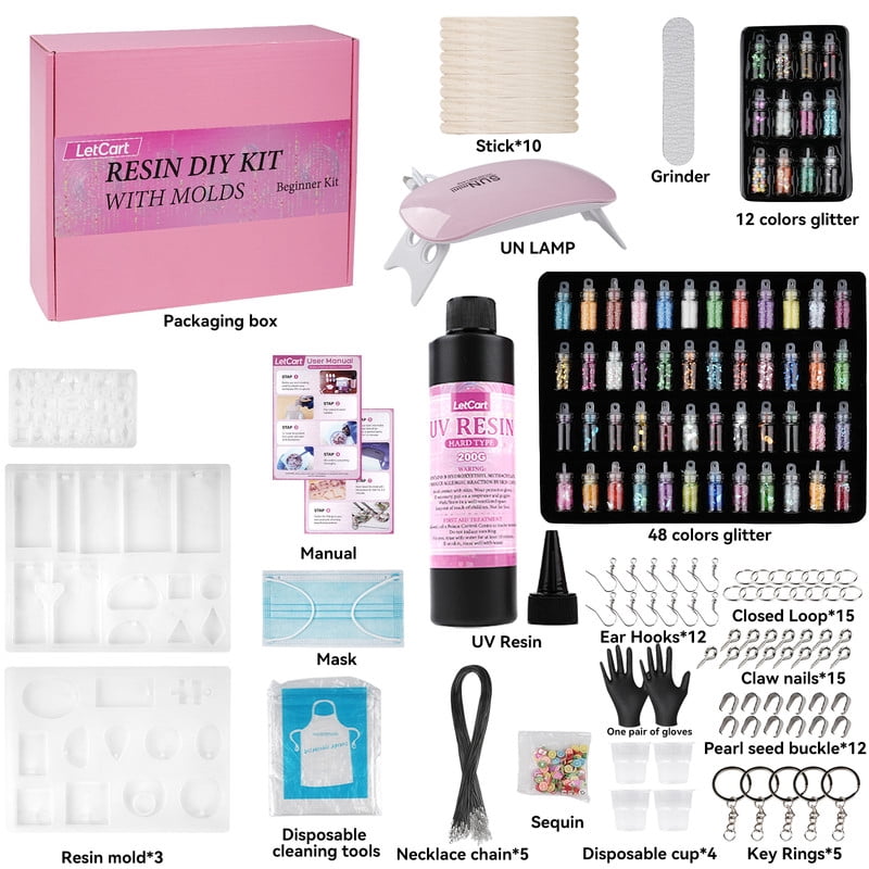 UV Resin Jewelry Making Kit 200g Crystal Clear Resin with Light and Molds for Keychain Earrings