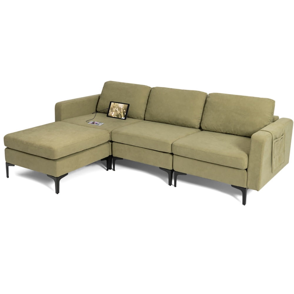 Finihen L-shaped Sectional Sofa Couch, Convertible Sectional Sofa, Modular L-shaped Sectional Sofa with Reversible Chaise and 2 USB Ports, for Living Room, Green Finihen L-shaped Sectional Sofa Couch, Convertible Sectional Sofa, Modular L-shaped Sectional Sofa with Reversible Chaise and 2 USB Ports, for Living Room, Green