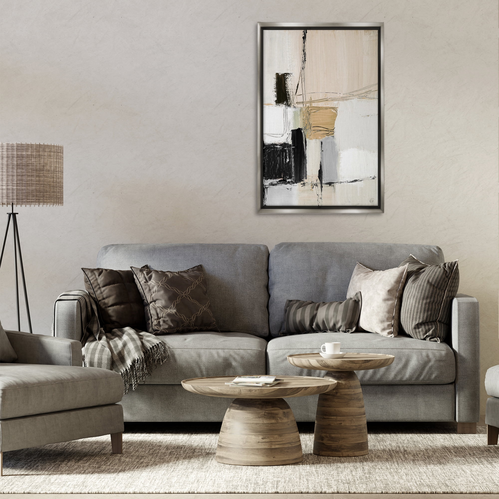 Stupell Industries Beige Organic Shapes Collage Abstract Painting Gray Floater Framed Canvas Art Print Wall Art, 21 x 31