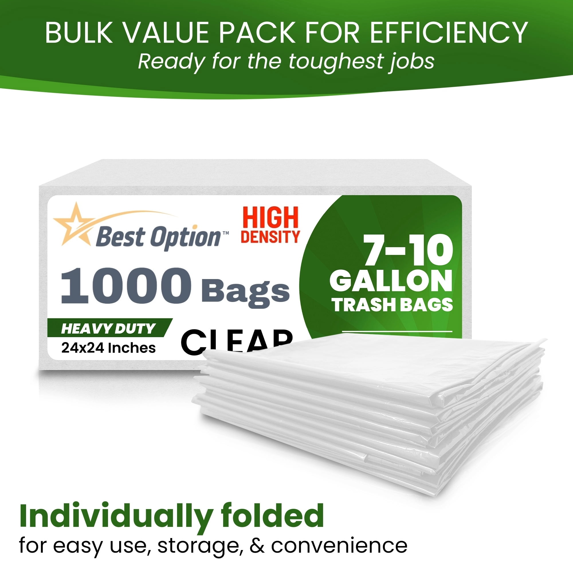 Best Option 8-10 Gallon Medium Trash Bags, Clear, 1000 Count Box, (24x24-inch) Commercial Office Wastebasket Garbage Can Liners