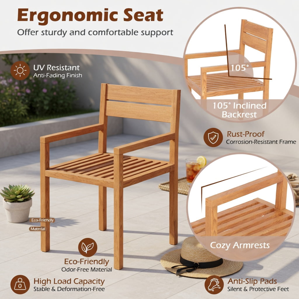 Hommoo Premium Teak Wood Outdoor Dining Armchair for Patio, Backyard, Poolside, with Ergonomic Armrests & Inclined Backrest, Natural