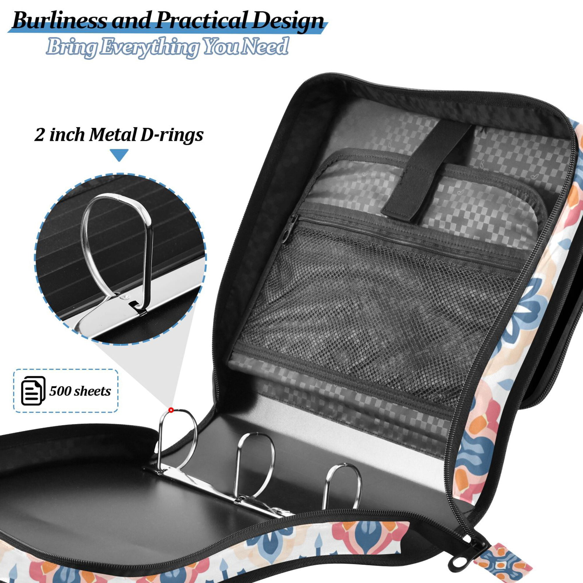 FORMRS Zipper Binder with Shoulder Strap 2-inch Ring 500 Sheet Capacity File Bag, Navy Blossom Mosaic