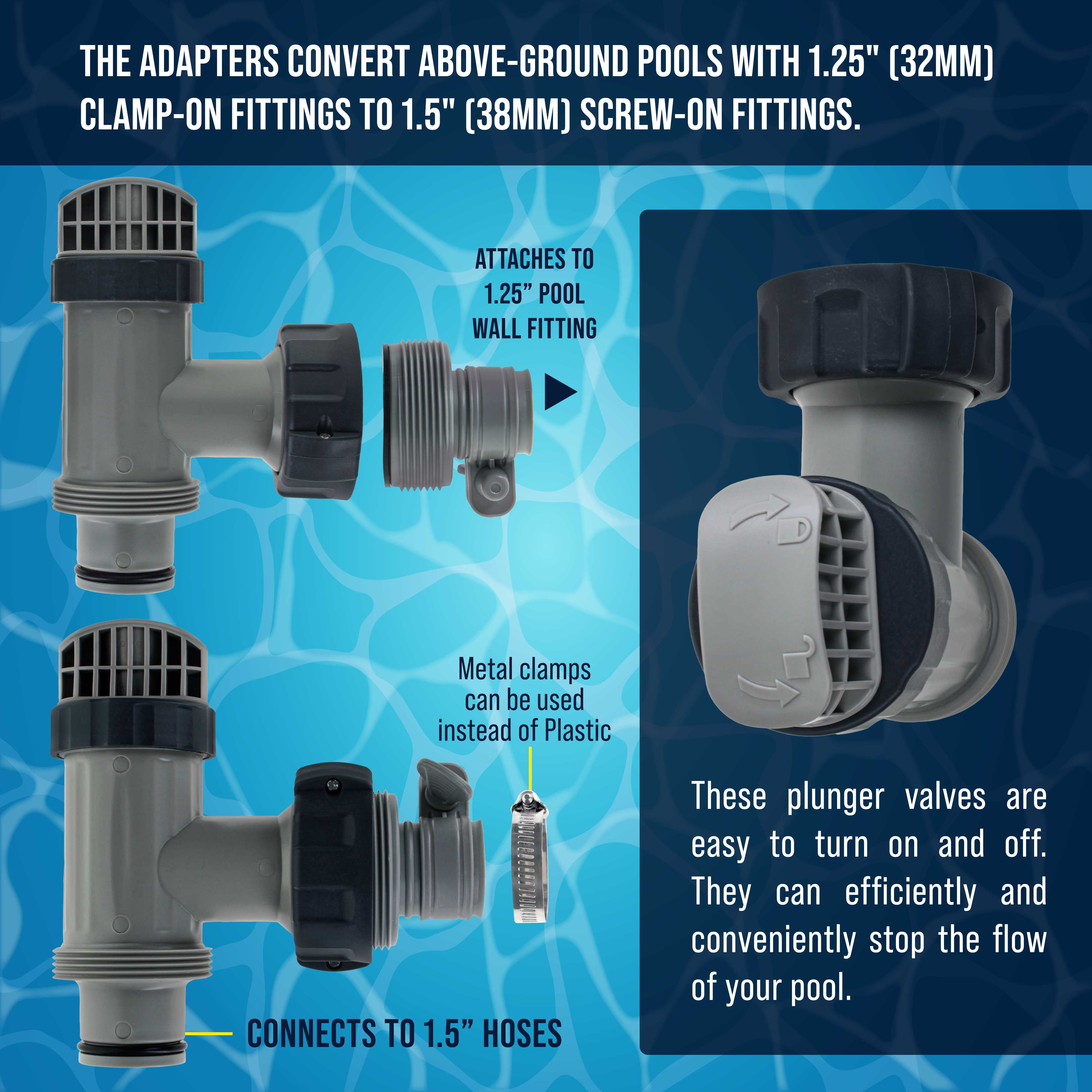 U.S. Pool Supply Pool Plunger Valve and 1.25" to 1.5" Type B Hose Adapter, Pack of 2 - Compatible with Intex Above Ground Pool Replacement Parts - On/Off Shut Off Valve, Sand Filter Pump