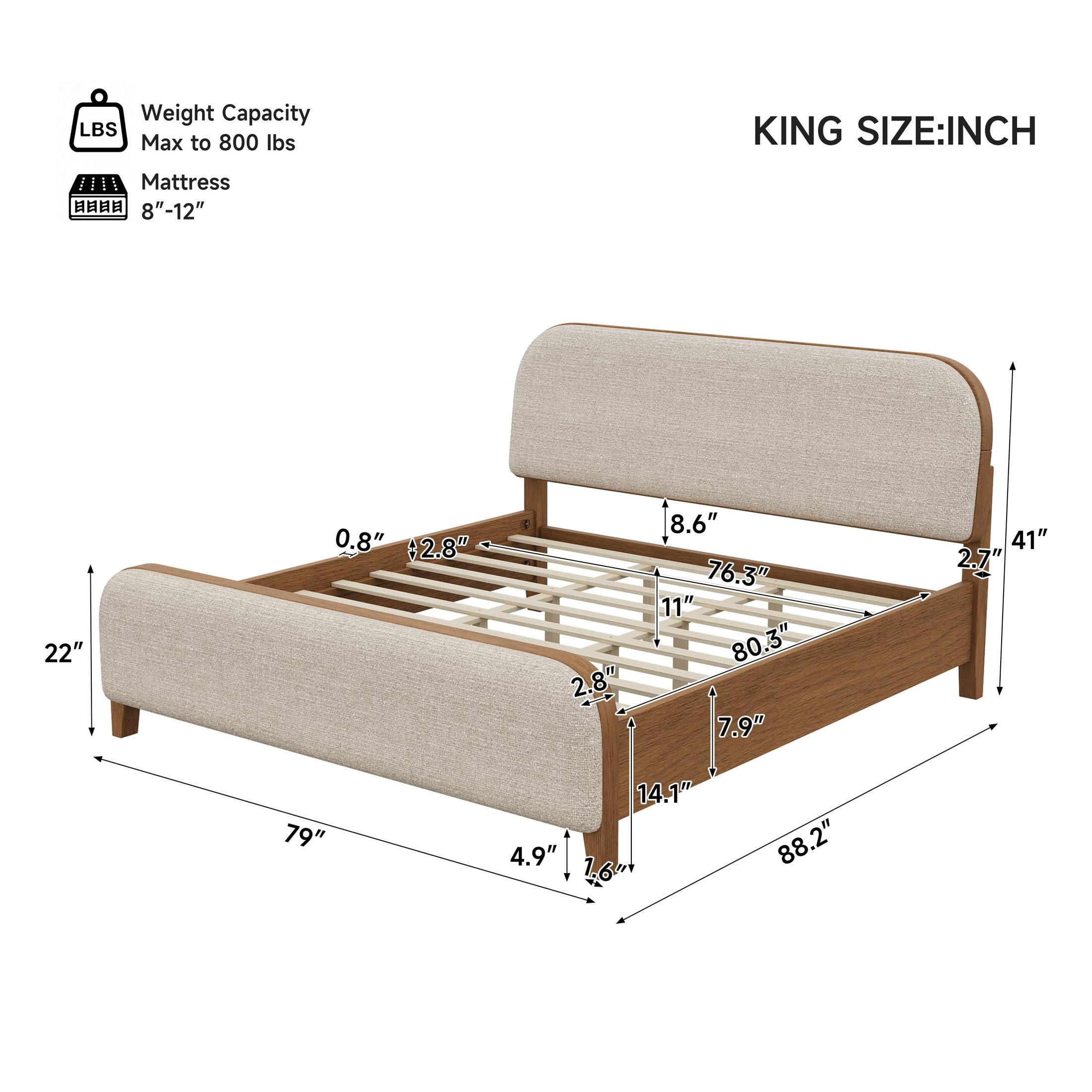 Christopher Knight Home King Upholstered Platform Bed Frame, Rounded Headboard & Footboard, Natural+Taupe