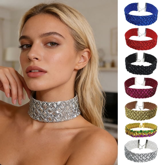 Metal Sequin Velvet Choker Necklace for Women, Glitter Shiny Sequin Collar Necklace, Easter Gifts, Fashion Statement Jewelry for Party, Prom & Daily Wear, Elegant Neck Decoration Accessory, Black