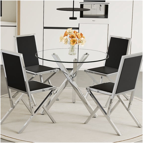 CHAMPFLAG Round Glass Top Dining Table Set with 4 Chairs, Silver X Frame Base and Black PU Seats, Modern Kitchen Furniture for Small Spaces