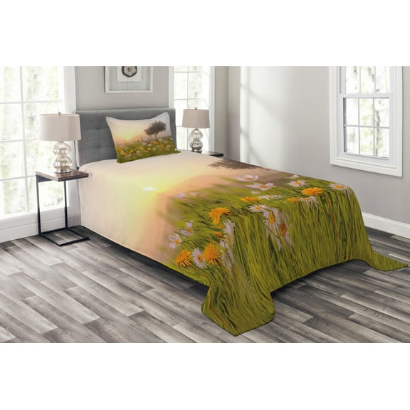 Ambesonne Country Home Quilted Bedspread Set 2 Pcs, Daisies Tree Mist, Twin Size, Multicolor