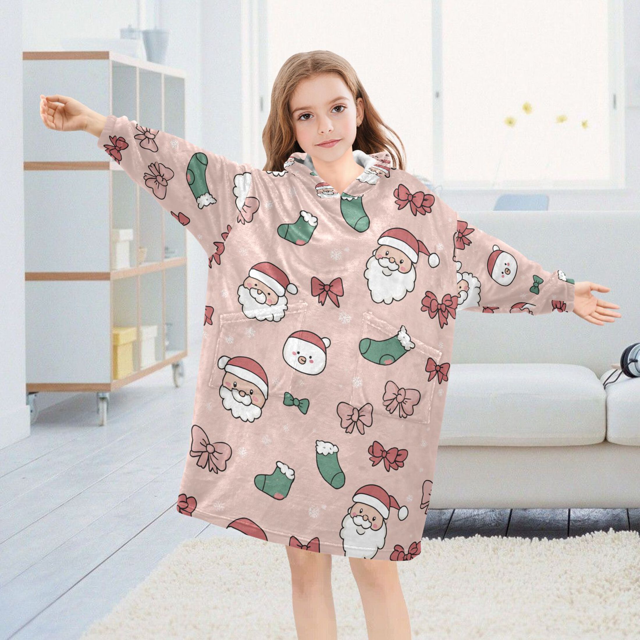 Wearable Blanket Hoodie for Cute Santa Claus and Bow Christmas Socks Flannel Hooded Blanket with Pockets and Sleeves Suitable
