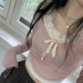 thumbnail image 3 of Y2K Lace Patchwork Contrast Color Cropped Top Pink Korean Style Slim-fit Knitted Tops Coquette Aesthetic Long Sleeve Tops, 3 of 6